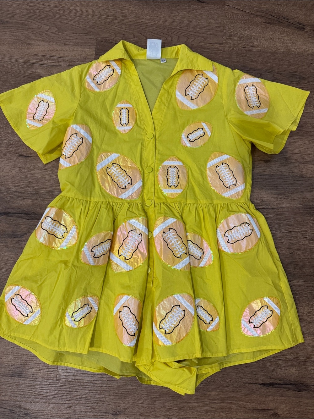 QUEEN OF SPARKLES Yellow Short Sleeve Romper with Iridescent Circle Accents